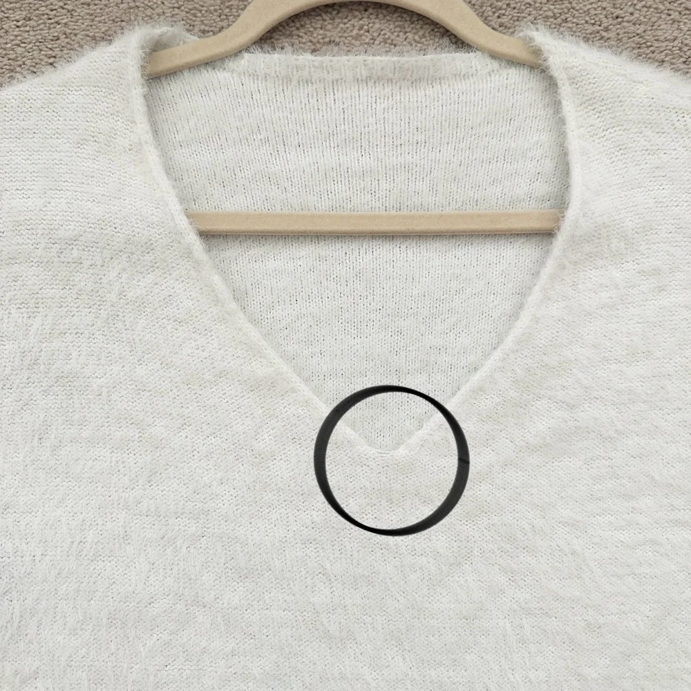 Fluffy White V-Neck Lightweight Fuzzy Sweater - Fall / Holiday / Soft & Cozy